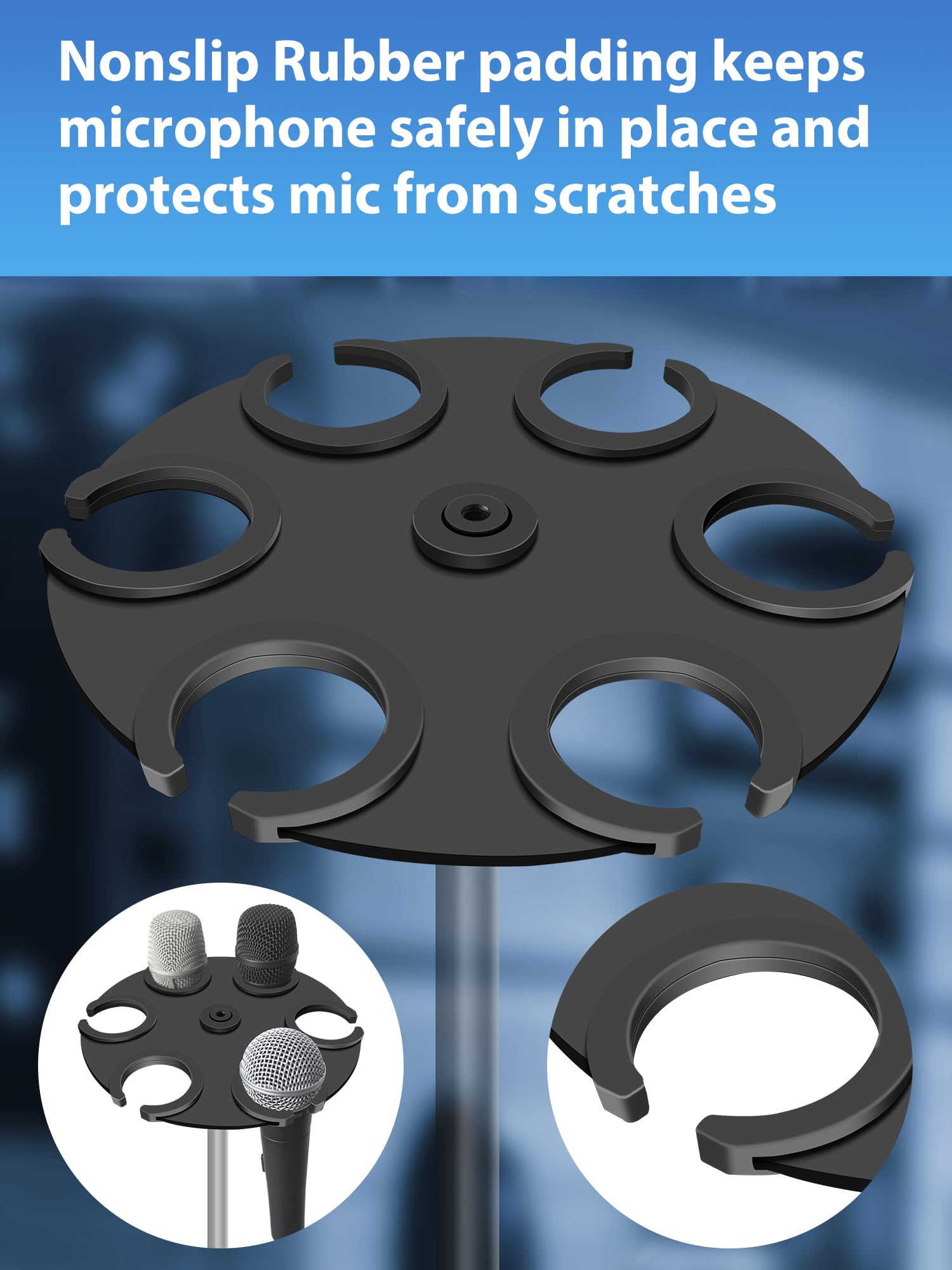 Multi Microphone Holder Up to 6 Mic (Aluminum/Rubber padding) for Handheld Dynamic, Wired and Wireless Mics, Multiple Mic Organi